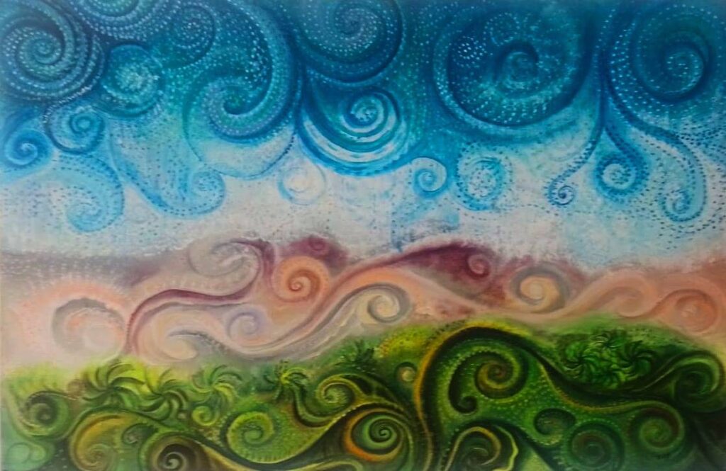 Cahuita Acrylic Painting with blue and green twirls