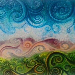 Cahuita Acrylic Painting with blue and green twirls